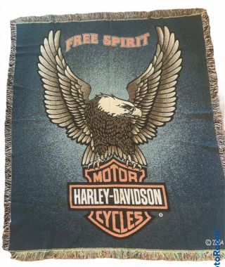 Vintage Harley Davidson Throw Blanket Eagle Tapestry 55 " X65 " Fringe Rare Usa