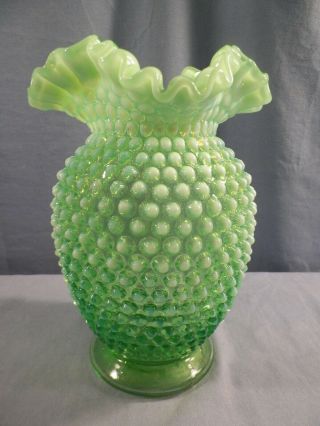 Vintage Fenton Green Opalescent Hobnail Glass Vase 8 1/4 " Tall