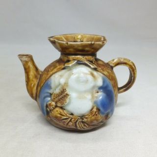 C169: Japanese Water Pot Of Really Old Hirado Porcelain Of Teapot Shape W/budai