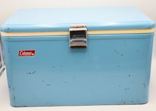 Vintage Coleman Azure Blue Metal Cooler W Tray Chrome Handles Low Boy 5243 - 720