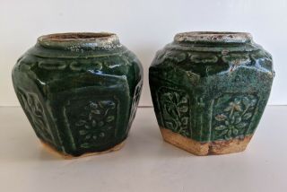 Set 2 Antique Chinese Green Glazed Shiwan Clay Porcelain Pottery Tea Ginger Jar