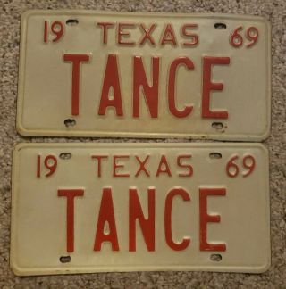 Vintage Texas 1969 Vanity License Plates Pair Tance " Tance " Distance.