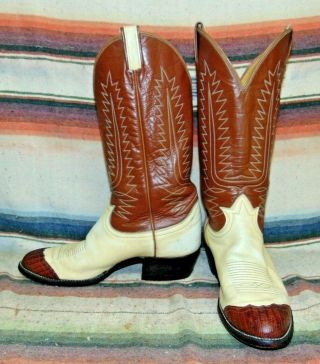 Mens Vintage Tony Lama Brown Leather Lizard Wingtip Cowboy Boots 9.  5 D Good Cond