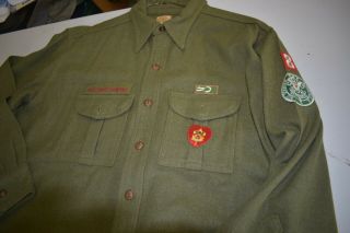 Old Heavy Wool Green Uniform Scout Shirt 16 1/2 Neck With Patches