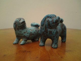 Vintage Two Persian / Chinese Turquoise Blue Pottery / Soapstone Dog Figures