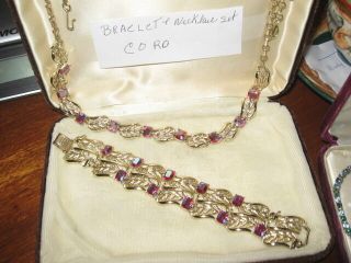 Vintage Bracelet Necklace Coro Red/pink Rhinestones Gold Color