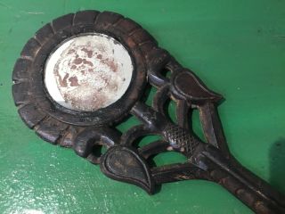 Old Vintage Antique South East Asian Oriental Wood Carved Hand Held Mirror 2