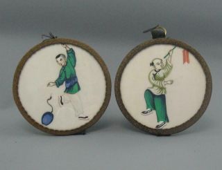 Pair Small Antique Chinese Export Circular Paintings On Pith Children Playing