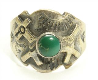 Vintage Navajo Sterling Silver Harvey Old Pawn Stamped Turquoise Dog Ring Sz8