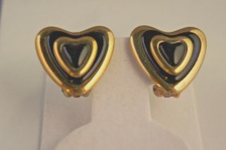 Escada Vintage Gold Plated.  925 Sterling Silver Black Enamel Heart Clip Earrings