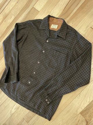 Vtg Bullocks Pasadena Button Up Shirt Made In Usa Brown Wool 60s Plaid Tartan