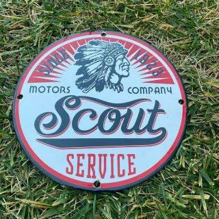 Vintage Scout Motors Company 8” Porcelain Metal Gas & Oil Push Pump Plate Sign