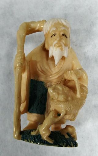 Vintage Japanese Highly Detailed Hand Crafted Resin Netsuke Man Frogs Signed
