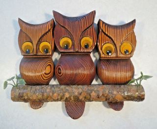 Vintage Witco Owl Cryptomeria Wood Carved Owls Burnt Wood Retro Wall Art Vgc