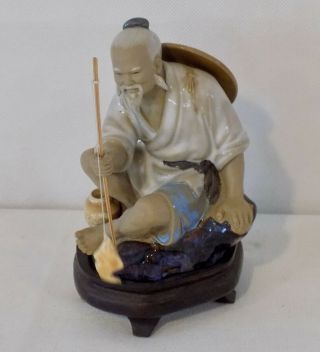 Shiwan Chinese Mudman Fisherman Glazed Clay Figurine On Wooden Stand Vintage