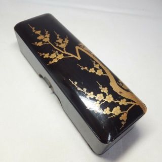 D0555: Japanese Fubako Letter Box Of Really Old Lacquer Ware With Plum Makie