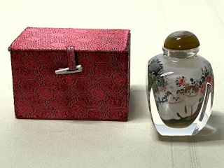 Vtg.  Chinese Japanese Reverse Hand - Painted Cats Glass Snuff Bottle W/box