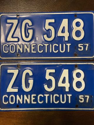 Vintage 1957 Ct Connecticut License Plates With Metal Tag - Yom Pair