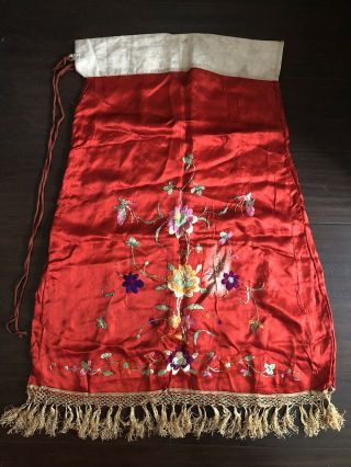 Fine Antique Chinese Silk Embroidered Woman’s Lady’s Red Dress Flowers Art