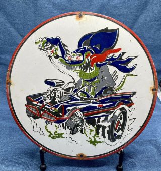Vintage 12” Rat Fink Batman And Robin Porcelain Metal Sign Gas & Oil