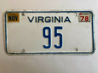 1978 Virginia License Plate Low Number 2 Digit 95 All Rare