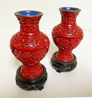 Pair Vintage Chinese Cinnabar Lacquerware Enamel Vases & Carved Wood Stands 4 "