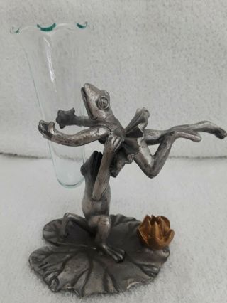 Vintage 1993 Spi Pewter Collectable Dancing Ballarina Frogs With Vase Sop Marked