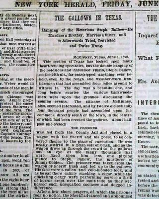 1st Collin County Texas Stephen Ballew Legal Execution Hanging 1872 Newspaper