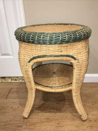 Vintage Woven Wicker & Rattan Accent End Side Table Plant Stand With Shelf