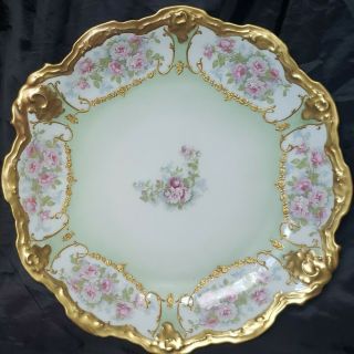 Vintage Limoges B & H France Porcelain Large Platter Green Gold Trim & Roses 12 "