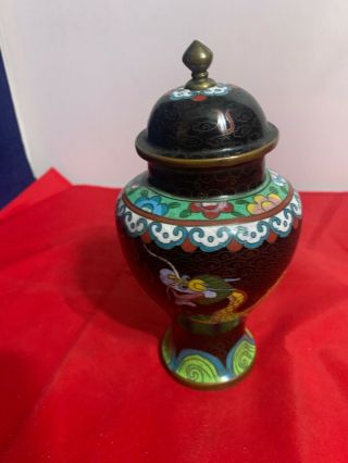Antique Vintage Asian Theme Metal Ceramic Vase W/ Lid Dragon Painted Around