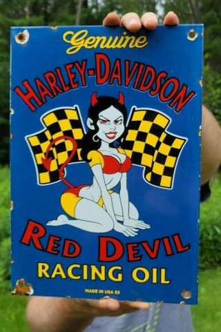 Old Vintage Dated 1953 Harley Davison Devil Motorcycle Racing Oil Porcelain Sign