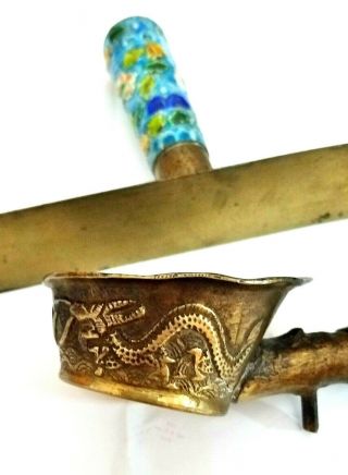 Vintage Brass Chinese Silk Iron Coal Pan Hand Figural Dragon Motif W/t Scraper