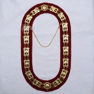 Freemason Masonic Regalia Chain Collar Shriner Gold Plated With Red Velvet - Bws