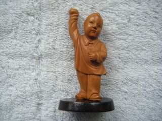 Chinese Cultural Revolution Carved Boxwood Figure Of Boy Holding Apple