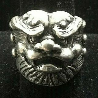 Rare Antique Chinese Lion Foo Dog Ring Sterling Signed Sz 9