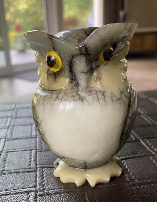Alabaster Hand Carved Owl Figurine Paper Weight Made In Italy Vintage