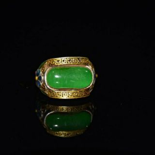 Exquisite Old Chinese Tibet Silver Gilt Inlay Green Jade Handmade Rectangle Ring
