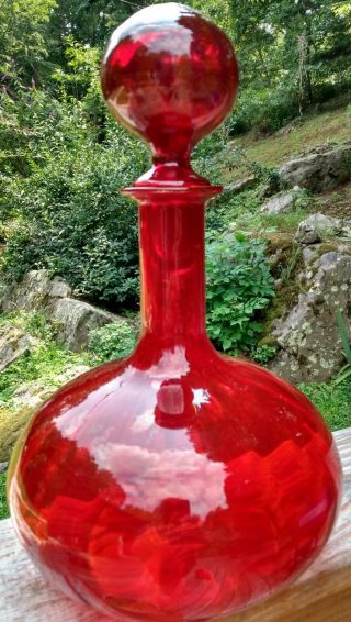 Vintage Italian Empoli Ruby Red Swirl Art Glass Decanter Genie Bulb Bottle Italy