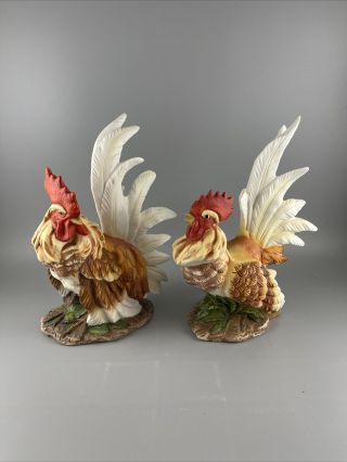 Vintage Lefton Ceramic Rooster Figurines No Marks Set Of 2 8” Tall