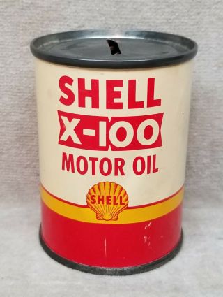 Vintage Shell X - 100 Gasoline Oil Miniature Savings Bank Tin Can.