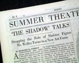 " The Shadow " Sinister Figure W/ Orson Welles Radio Program Voice 1938 Newspaper