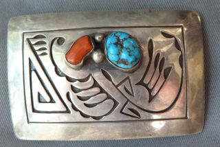 Vintage Sterling Silver,  Turquoise & Coral Belt Buckle By Navajo Roy Vandever