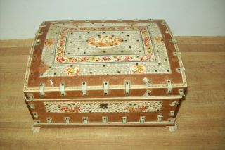 Antique Anglo - Indian Stained Bone Wood Jewelry Box Vizagapatam 1900s 8 X 6 X 4