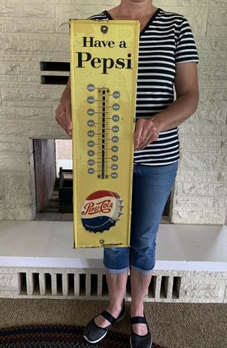Vintage Pepsi Cola Embossed Bottle Cap Advertising Thermometer Sign