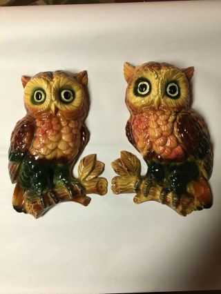 Lefton Ceramic Shiny Owls On Branch Wall Hanging Decor Plaques