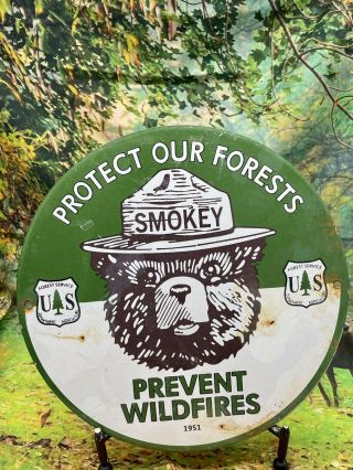 1951 Vintage  Smokey The Bear  Prevent Wildfires Round Porcelain Sign 12
