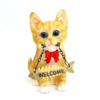 Kitty Cat Figurine Holding Welcome Sign Orange And White Kitten Statue Decor