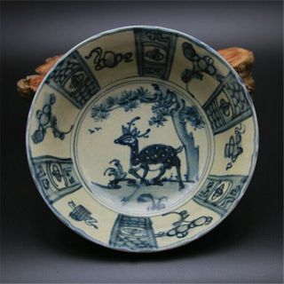 Chinese Blue And White Porcelain Ming Sika Deer Design Bowl 6.  9 Inch