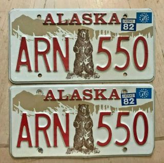 1976 1982 Alaska Bear License Plate 2 Plates Matching Pair " Arn 550 " Ak 1982